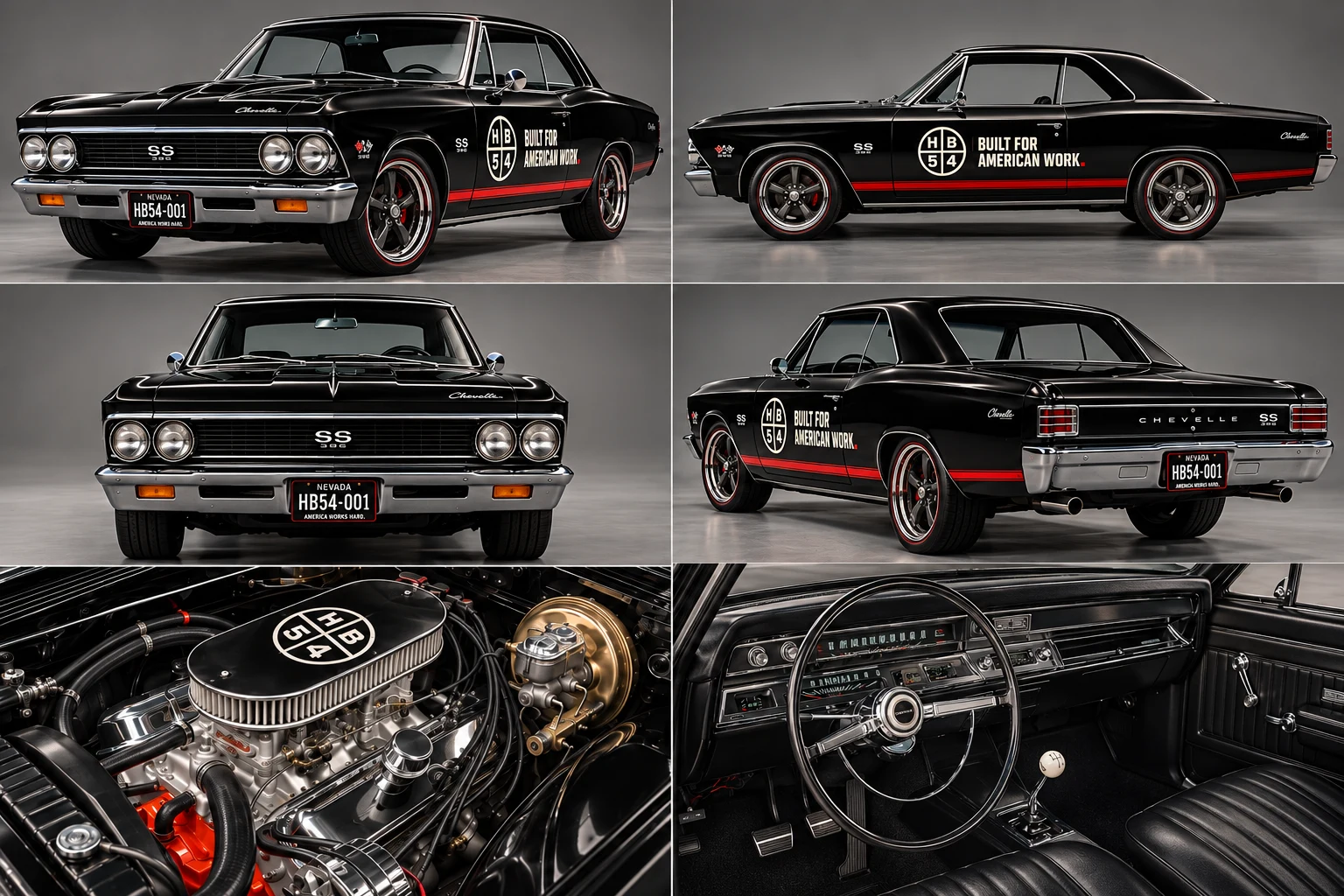 Branded black Chevrolet Chevelle SS 396 reference sheet showing exterior, engine and interior