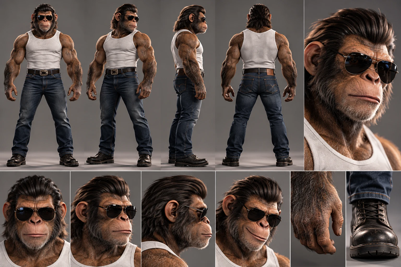 HB54 chimpanzee character reference sheet with multiple views, facial details and costume