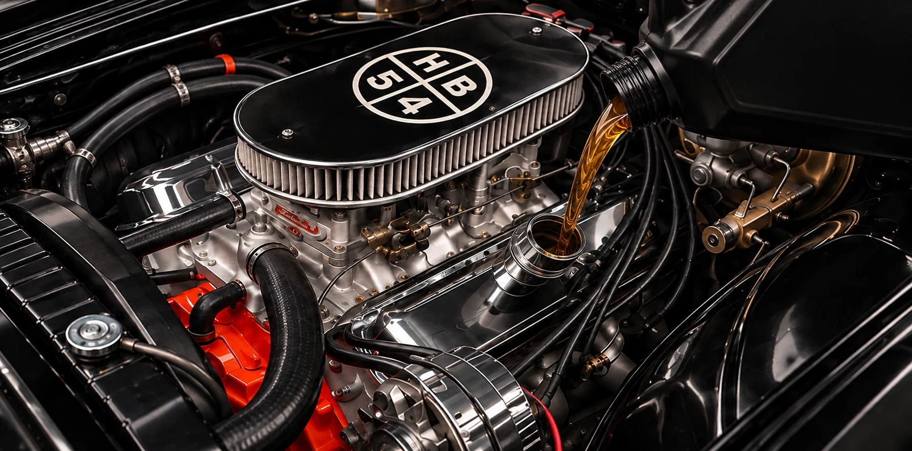 Storyboard: Oil pouring into the engine, with HB54 branding in view.