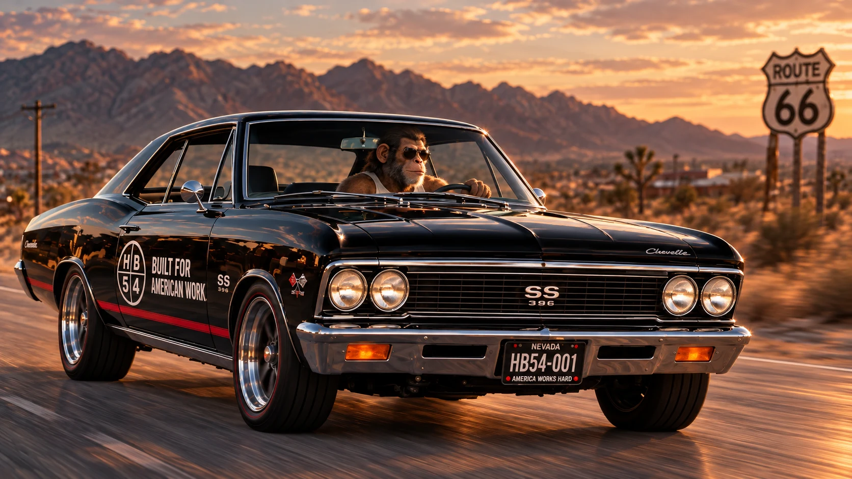 Storyboard: The Chevrolet on the open road at sunset.