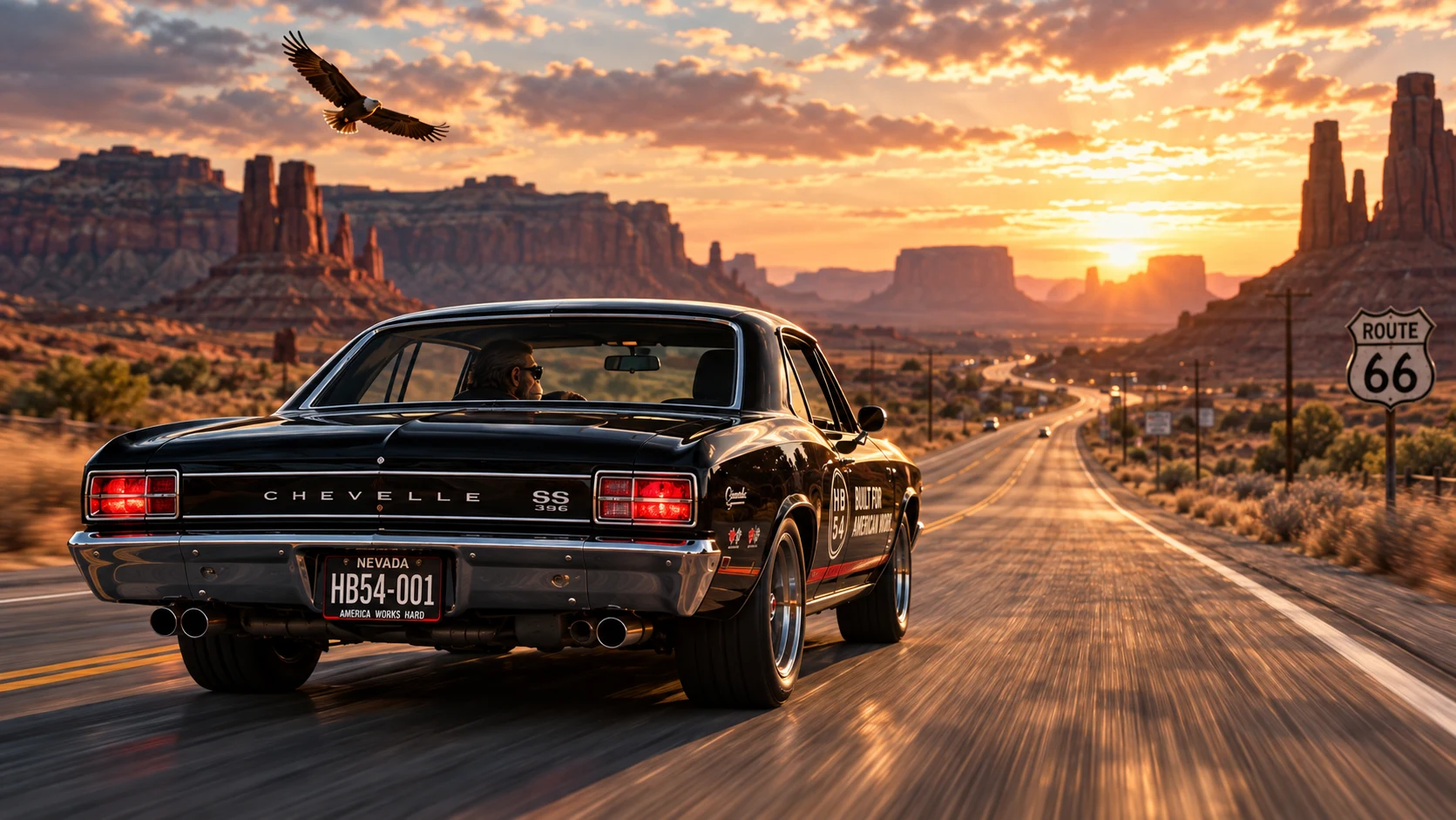 Storyboard: The car heads into the landscape beneath an eagle.