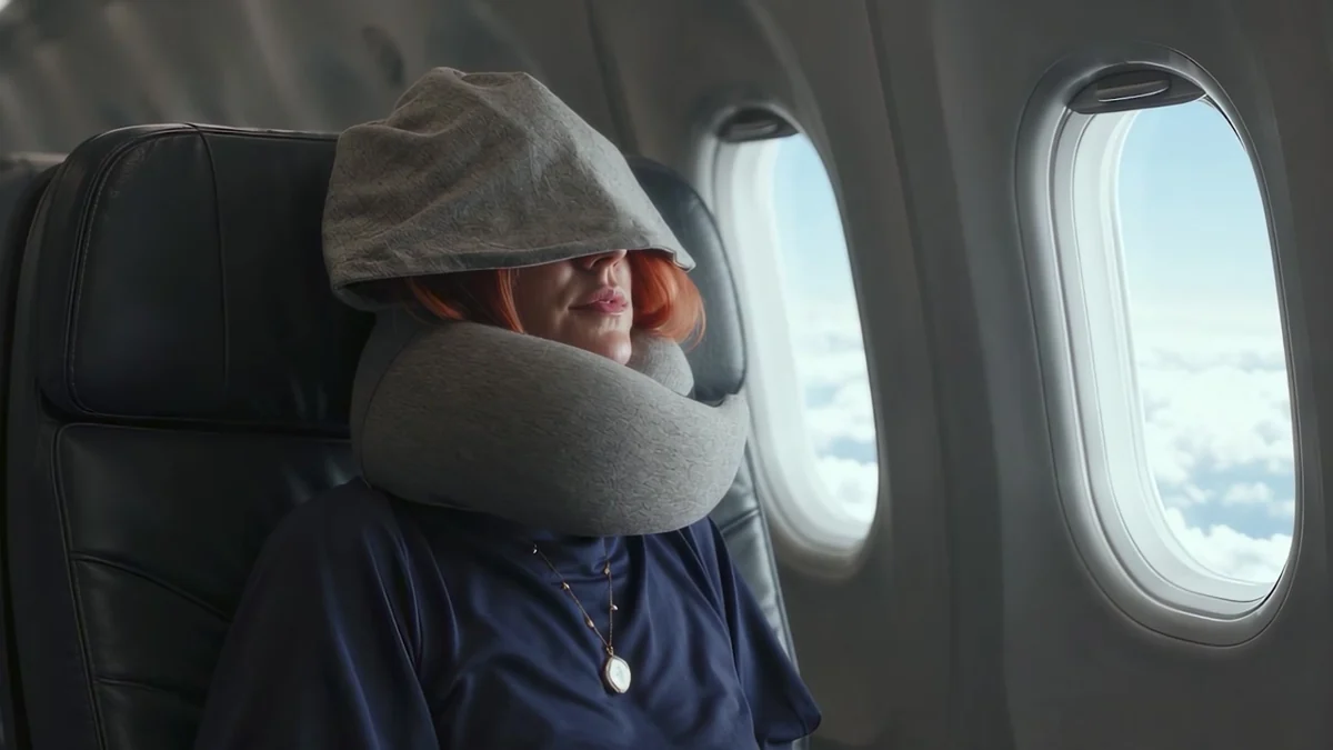 Actress resting with the travel pillow and hood in the final commercial