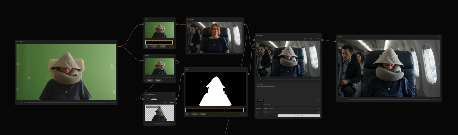 Beeble AI workflow for one shot: green-screen footage, subject mask and cabin reference connected to the finished scene