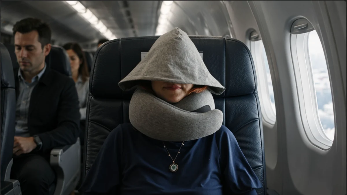 Actress and product composited into the airplane cabin